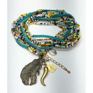 Vintage blue suede seed bead wrap horn feather charm necklace bracelet